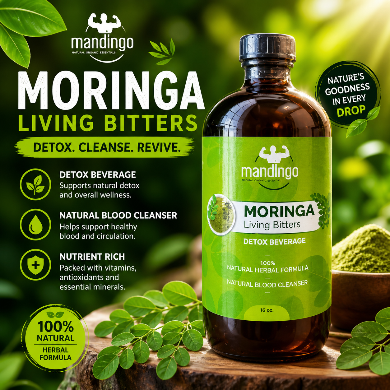 Moringa Living Bitters – Herbal Detox Beverage - 16oz