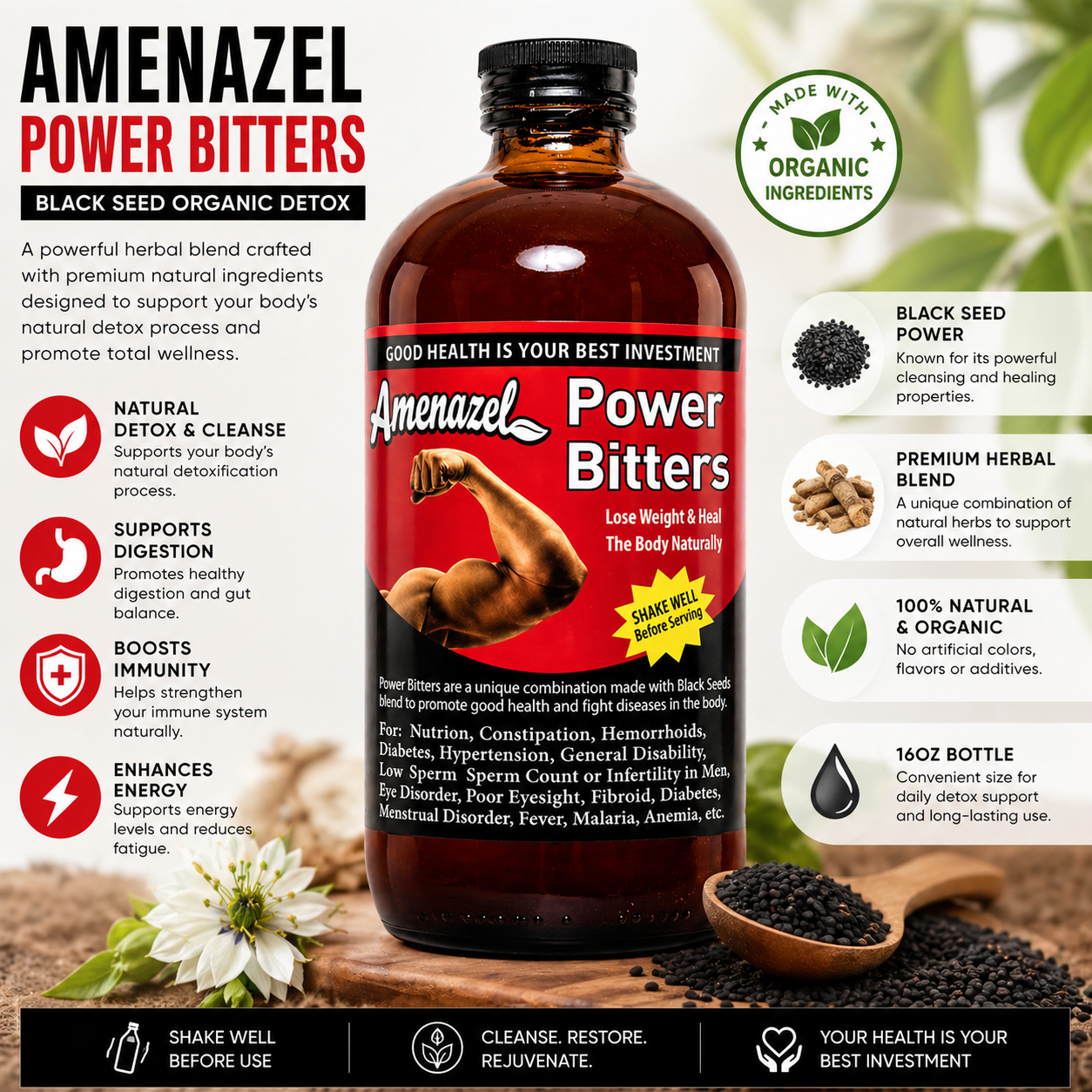 Amenazel Power Bitters Black Seed Organic Detox - 16oz