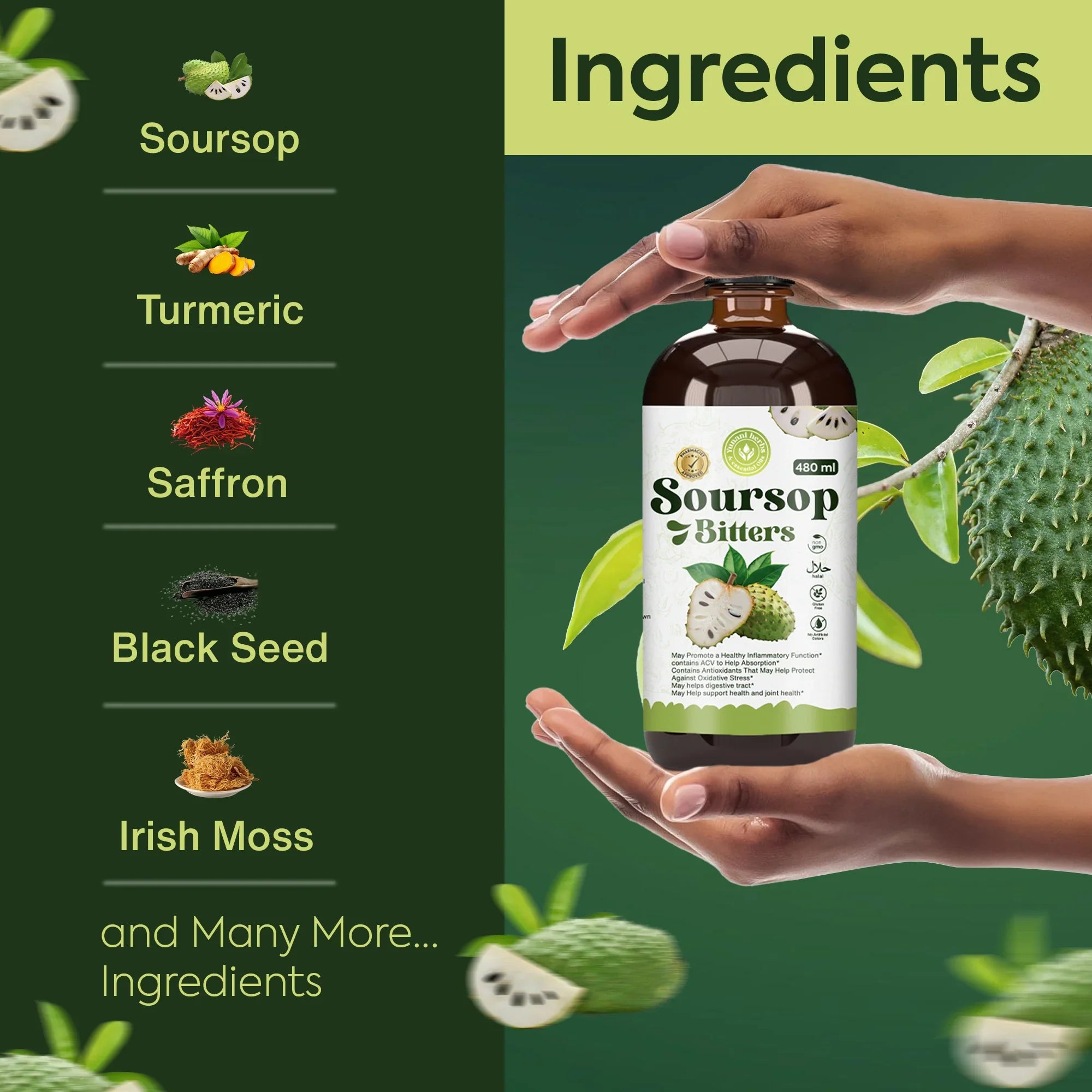 Soursop Bitters – Most Potent Herbal Detox Formula (44 Natural Herbs) | Immune Support, Digestion, Energy Boost – Vegan, Non-GMO – 16 oz