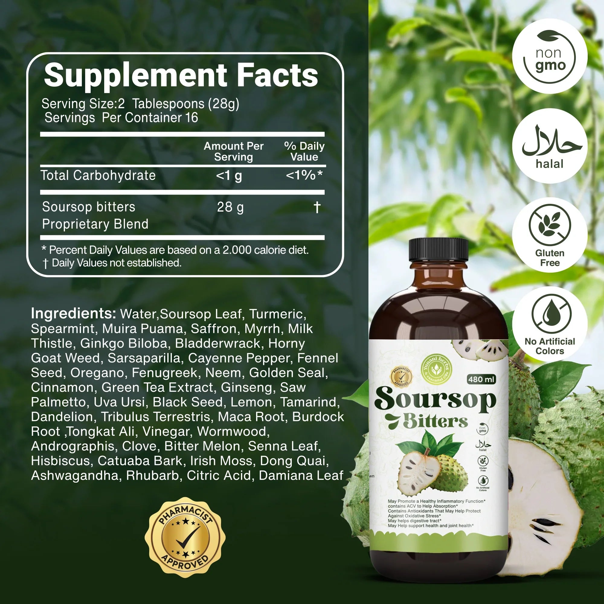 Soursop Bitters – Most Potent Herbal Detox Formula (44 Natural Herbs) | Immune Support, Digestion, Energy Boost – Vegan, Non-GMO – 16 oz