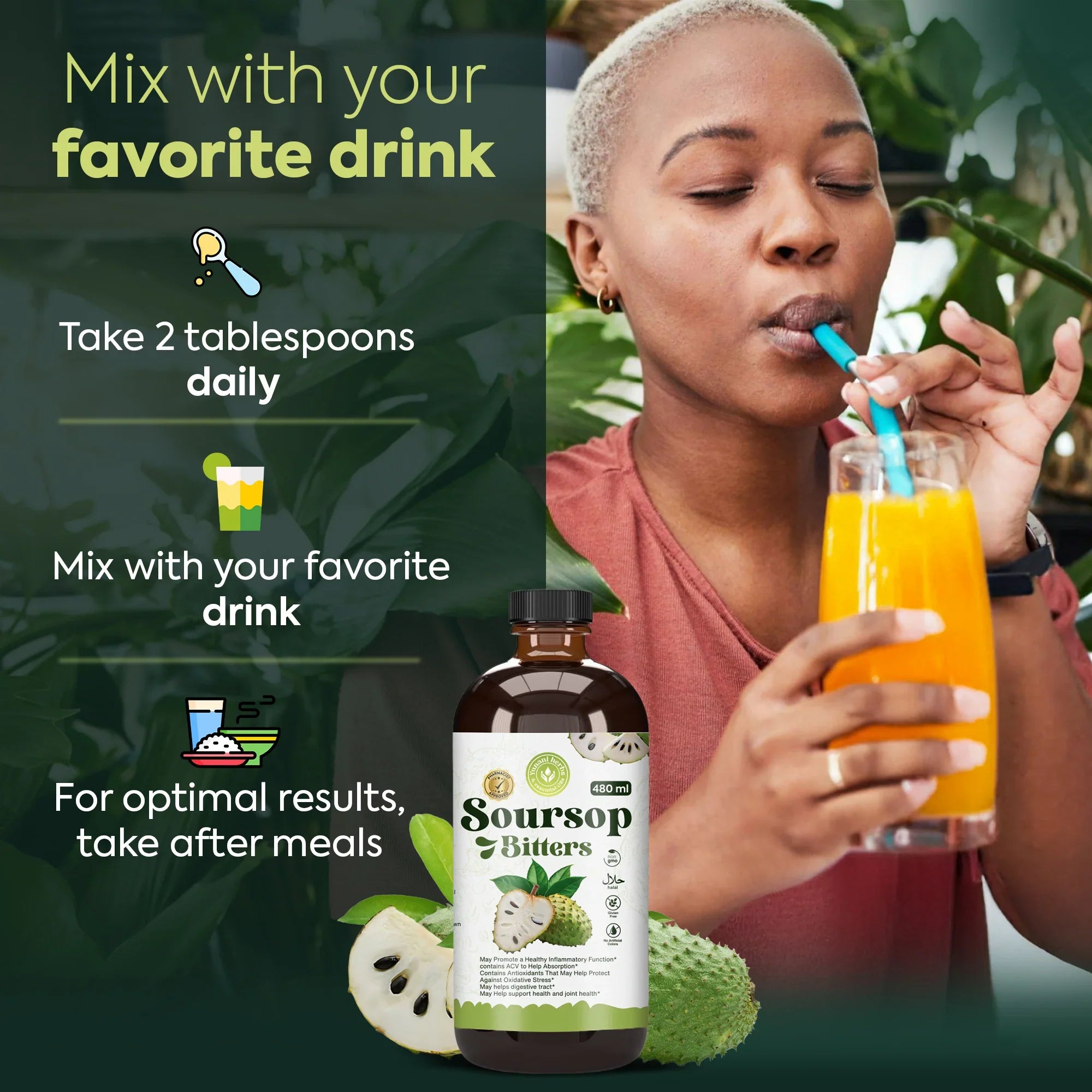 Soursop Bitters – Most Potent Herbal Detox Formula (44 Natural Herbs) | Immune Support, Digestion, Energy Boost – Vegan, Non-GMO – 16 oz